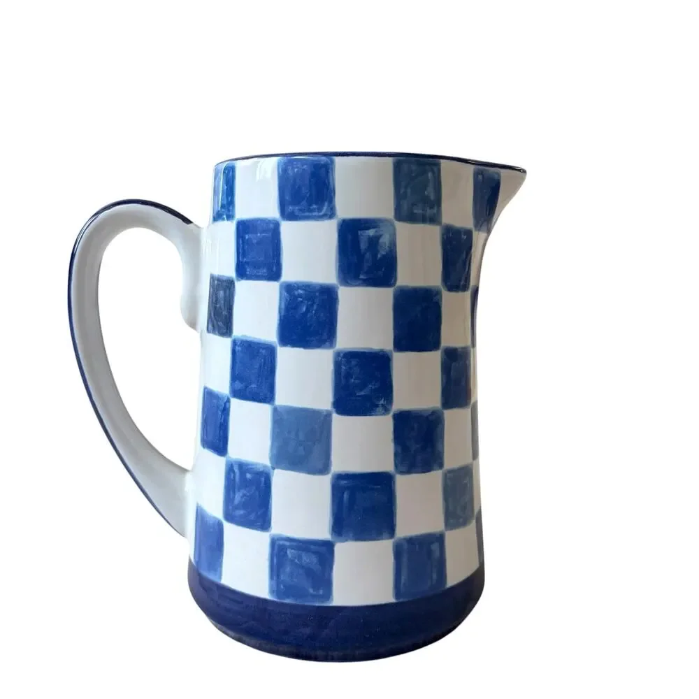 NEW Mackenzie Childs Indigo Check Pitcher 1.75 Qt Stoneware